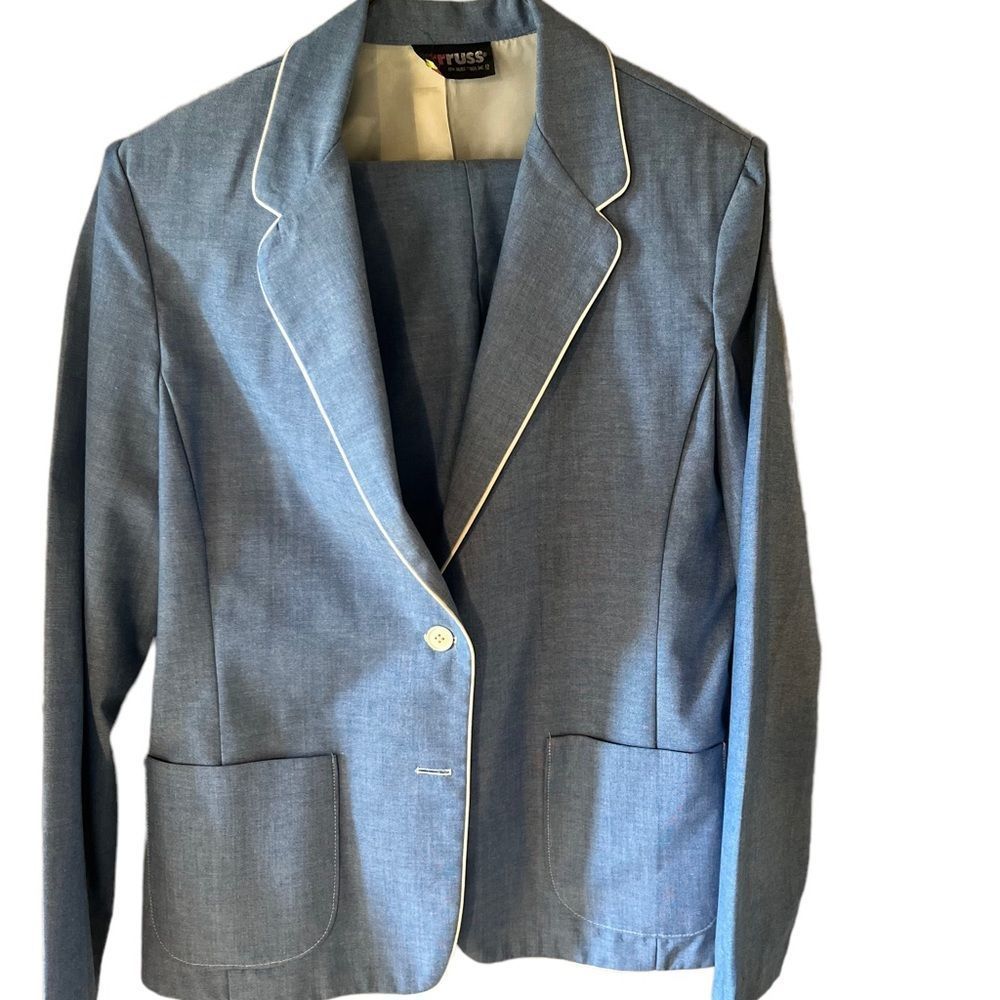 Russ Sz 18 Jacket and Pants Lite cotton lt blue with white piping edges vintage - Picture 4 of 8
